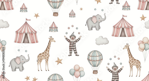 whimsical circus scene with animals and clowns