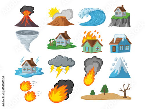 Natural disaster icons set with volcano, tsunami, tornado, flood, wildfire, earthquake and extreme weather cartoon vector