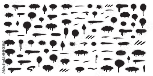 Graffiti spray paint marks with splatter, drip and blot shapes, urban street art stencil textures and grunge paint stains for mural, hiphop culture or creative background design.