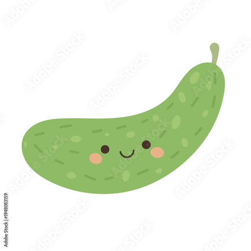 Cute cucumber character with smiling face, green vegetable illustration for healthy food, organic ingredient, vegan diet and fresh garden produce.