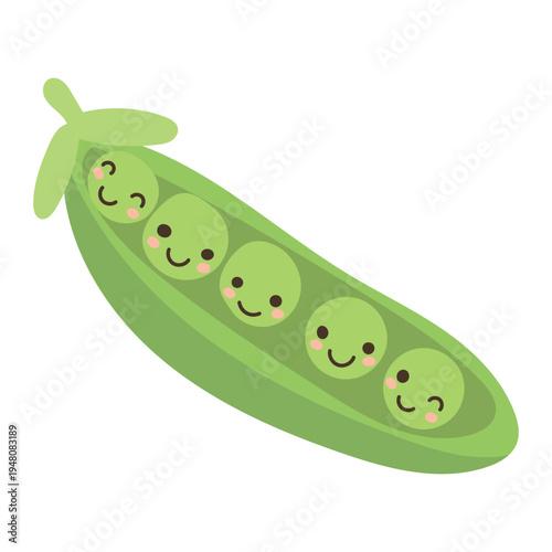 Cute pea pod illustration with smiling peas, green vegetable cartoon representing organic food, healthy nutrition and fresh farm harvest.