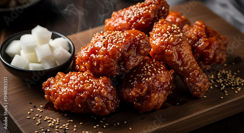 Steaming, crispy Korean fried chicken coated in sweet and spicy glaze served with pickled radishes on wood.