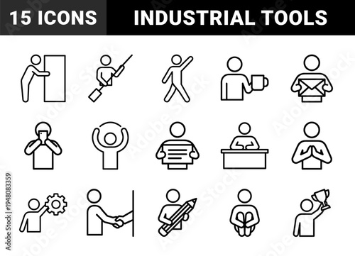 Industrial manufacturing icon set. Vector glyph pictograms of factory, gear, crane, worker, hardhat, battery, drill, and electricity, black silhouette illustration.