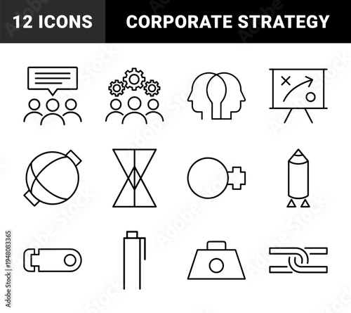 Business and strategy icon set. Vector pictograms of gears, heads, planning board, chat, rocket, hourglass, gender symbols, briefcase, and links, thin outline illustration.