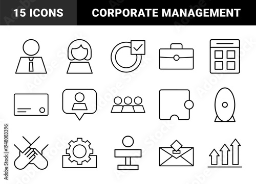Business and corporate line icon set. Vector pictograms of manager, briefcase, checkmark, team, handshake, gear, and growth chart, thin outline illustration.
