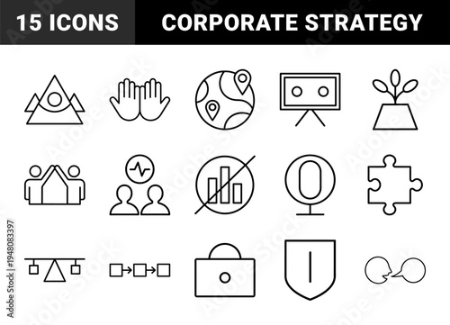 Business management and strategy line icon set. Vector pictograms of puzzle, globe, chart, scales, process, and communication, thin outline illustration.
