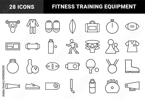 Sports and fitness line icon set. Vector pictograms of barbell, skateboard, kettlebell, stopwatch, trophy, whistle, and athletic gear, thin outline illustration.