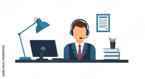 Businessman Wearing Headset Working on Computer.