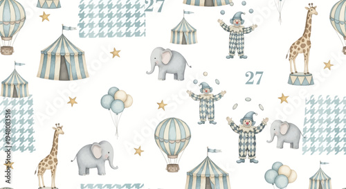 whimsical circus scene with animals and clowns