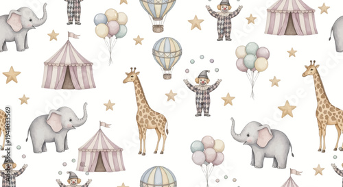 cute watercolor circus scene with animals and clowns