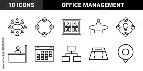 Corporate business management line icon set. Vector pictograms of meeting, team, video conference, desk, calendar, hierarchy, and location, thin outline illustration.