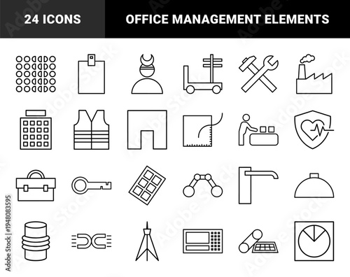 Business and office line icon set. Vector pictograms of briefcase, gear, pencil, magnifying glass, cloud, lightbulb, and trophy, thin outline illustration.