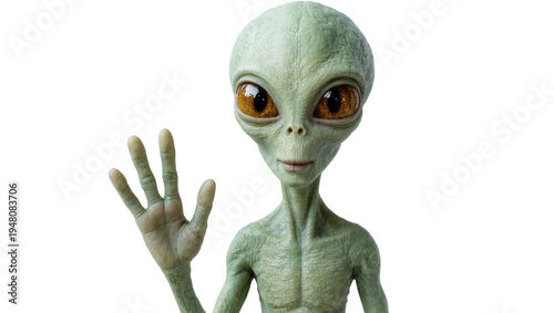 Konstfotografi Isolated friendly green alien creature waving hand, extraterrestrial humanoid li