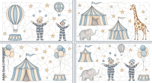 Circus scene with clowns elephant giraffe balloons tent