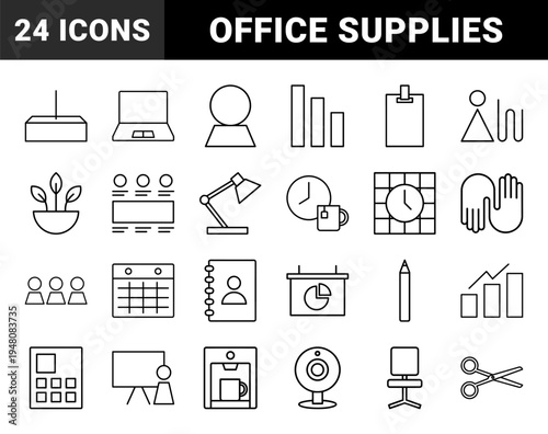 Business and office line icon set. Vector pictograms of laptop, calendar, chart, coffee machine, scissors, and desk lamp, thin outline illustration.