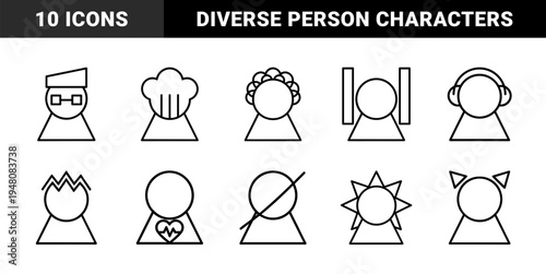 People profile line icon set. Vector pictograms of chef, student, dj, doctor, nurse, woman, man, and alien, thin black outline illustration.