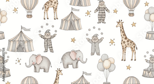 Whimsical circus scene with giraffes elephants clowns and balloons