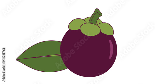 Mangosteen fruit with green leaves attached.