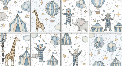 whimsical circus scene with animals and clowns seamless pattern