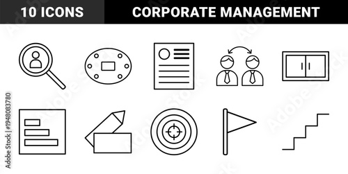 Business and corporate management icon set. Vector pictograms of meeting, partnership, profile, search, target, document, chart, and stairs, thin outline illustration.