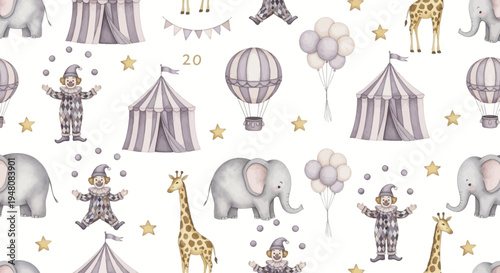 Cute circus scene with animals and clowns