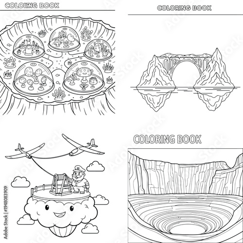 Abstract canyon landscape with cracked earth and distant mountains, line art, black and white