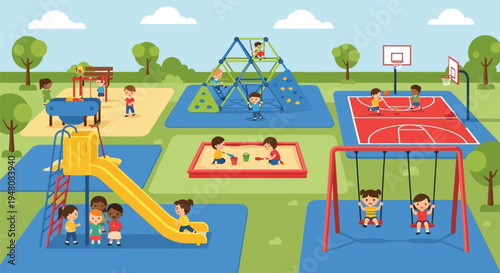 Children Playing on Playground Equipment Together.