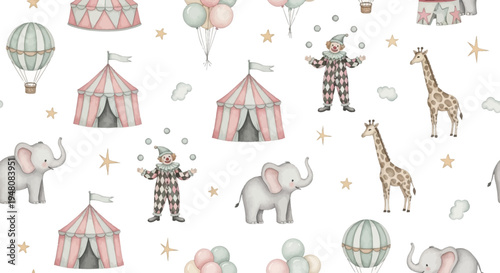 whimsical circus scene with animals and clowns