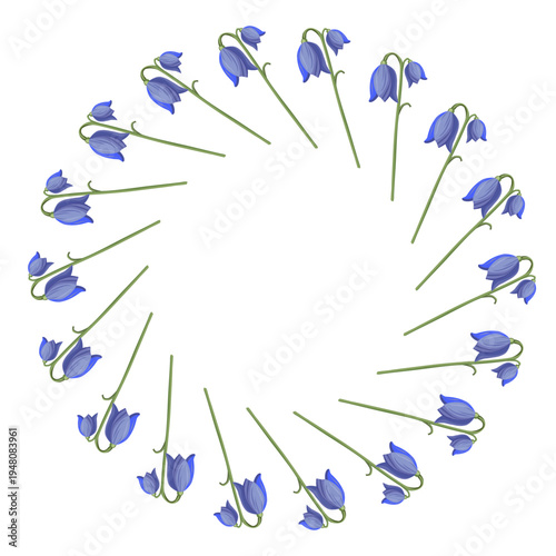 Vector floral frame of spring bellflowers arranged in a round wreath on white background. Botanical decoration for greeting card, invitation and design.