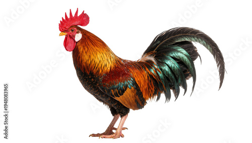 Foto Isolated majestic colorful rooster standing on clean studio background, farm bird