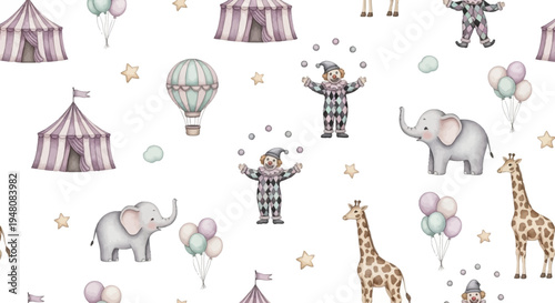 whimsical circus scene with clowns elephants giraffes and balloons