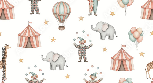 whimsical circus scene with clowns elephants giraffes and balloons