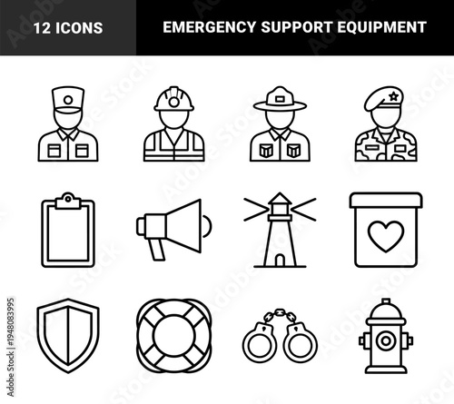 Public safety and emergency services icon set. Vector pictograms of officer, ranger, miner, soldier, megaphone, lighthouse, handcuffs, and shield, outline illustration.