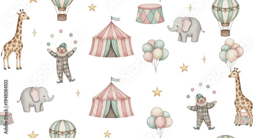 whimsical circus scene with giraffes elephants clowns and balloons