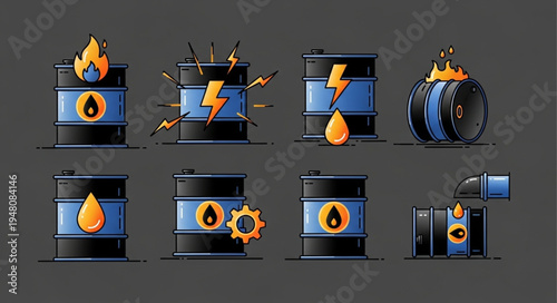 Oil Barrel Icons - Energy, Industry, and Economic Concepts.