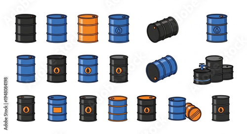 Collection of Colorful Oil Drums - Industrial Storage and Resource Icons.