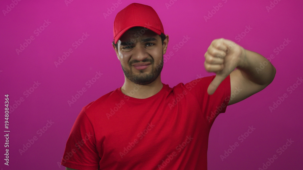 Naklejka premium Young hispanic delivery man in red shirt and cap gestures thumb down with his finger in magenta studio; rejection.