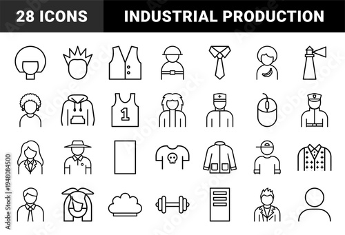 Industrial factory and manufacturing icon set. Vector pictograms of conveyor, gears, forklift, warehouse, worker, crane, and robot arm, black silhouette illustration.