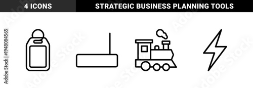 Business and office management icon set. Vector pictograms of users, calendar, briefcase, lightbulb, chart, and gears, black silhouette illustration.
