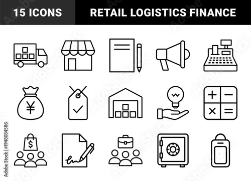 Business line icon set. Vector pictograms of megaphone, delivery truck, storefront, warehouse, cash register, price tag, money bag, calculator, and safe, outline illustration.
