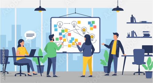 Diverse team brainstorming in modern office with colorful sticky notes in bright corporate lighting for business strategy