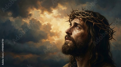 Jesus Christ wearing crown of thorns looking up to sky. Symbolic religious artwork depicting passion of Christ. Painting of Messiah with dramatic clouds for Easter or church event.