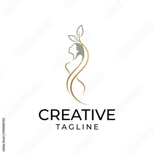 Elegant Woman Silhouette with Leaf Accents for Beauty and Wellness Branding.
