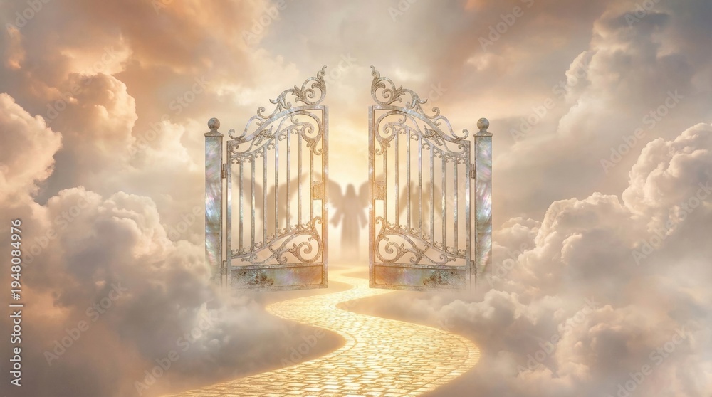 Obraz premium Jesus Christ standing behind open golden gates in heaven. Paved road through fluffy clouds leading to paradise. Religious concept of afterlife, salvation and divine spirit in light.