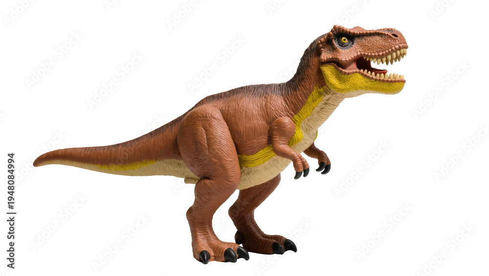 Obraz premium Isolated fierce tyrannosaurus rex dinosaur toy with open mouth and sharp teeth