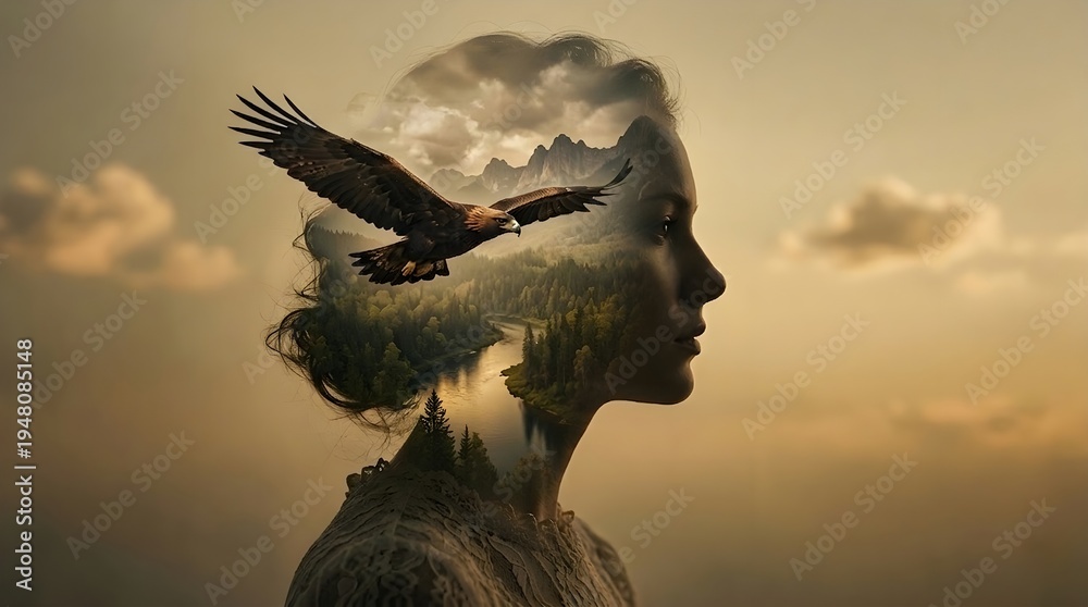 Fototapeta premium Surreal Double Exposure Woman with Forest, River, and Eagle