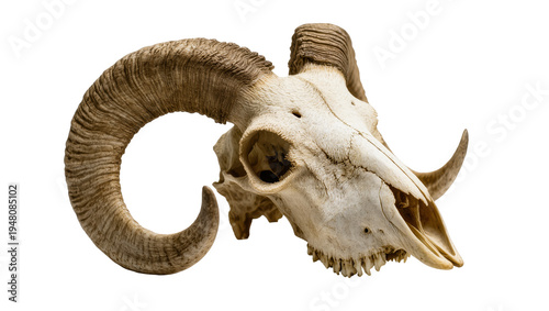 Isolated ancient ram skull featuring large textured spiral horns and weathered bone structure