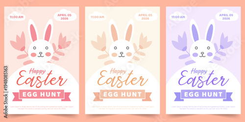 Set of Happy Easter greeting card or posters with bunny, spring flowers and Easter egg with cute illustrations in cartoon style creative poster collection. Egg hunt event invitation poster template.