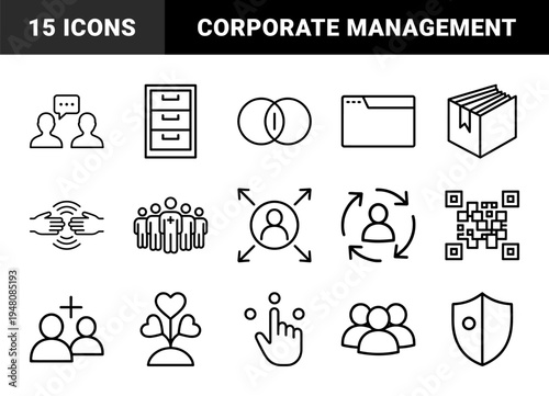 Business management line icon set. Vector pictograms of browser, team, file cabinet, overlapping circles, qr code, hearts, and users, thin outline illustration.