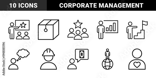 Business management and leadership icon set. Vector pictograms of growth charts, star performance, strategy, goal achievement, and global influence, thin outline illustration.